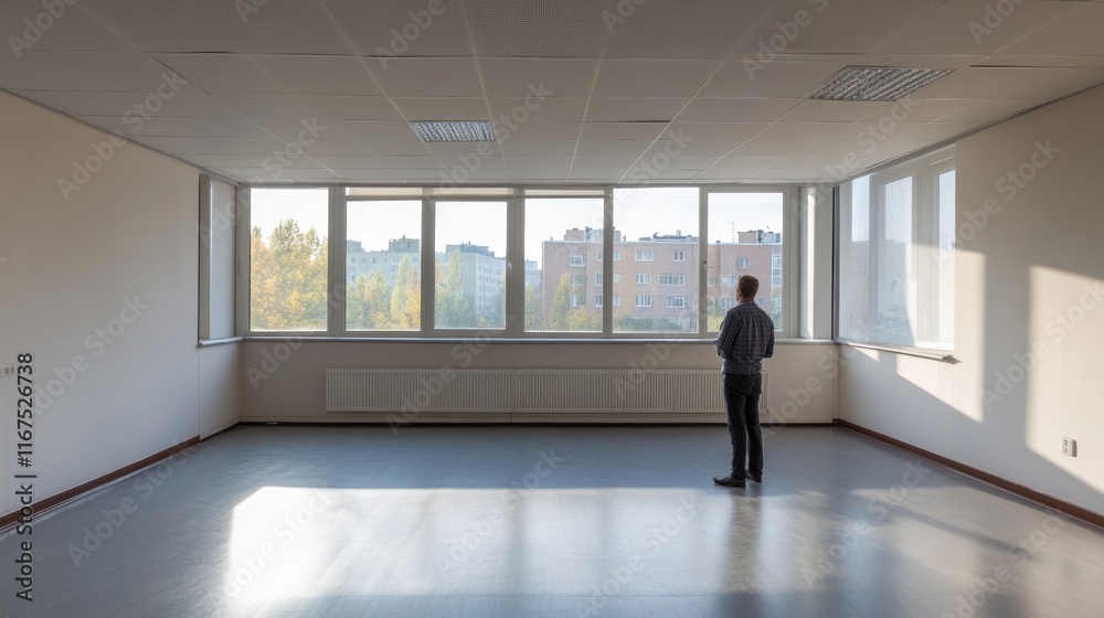 A Man Contemplating in an Empty Office Space with City View A Man Contemplating in an Empty Office Space with City View