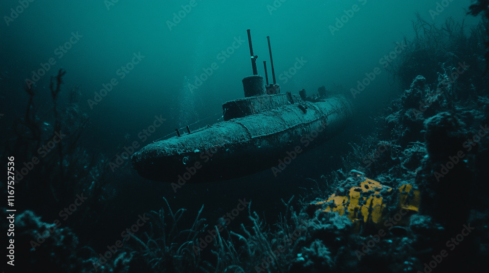 A submarine exploring the deep ocean surrounded by mysterious shadows and ethereal light rays with a blurred area on one side symbolizing chaos and the unknown depths of the sea
A submarine exploring the deep ocean surrounded by mysterious shadows and ethereal light rays with a blurred area on one side symbolizing chaos and the unknown depths of the sea