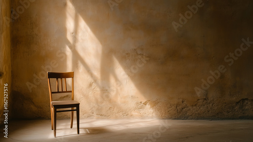 A single chair in the middle of an empty, dimly lit room with cracked walls