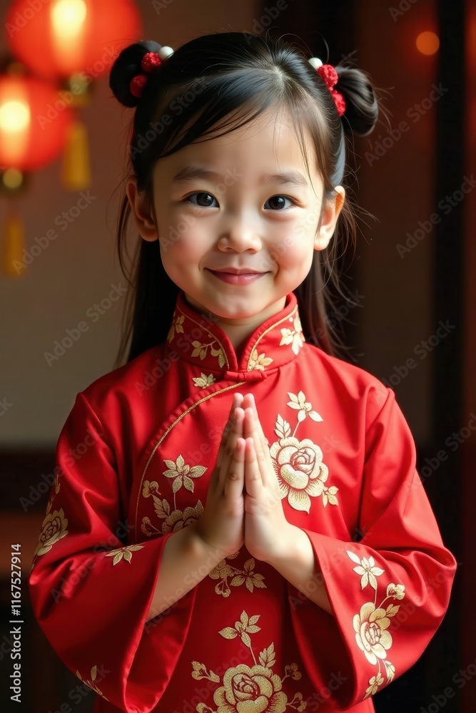 Young figure in red cheongsam, offering a blessing, traditional setting , background, elegant Young figure in red cheongsam, offering a blessing, traditional setting , background, elegant