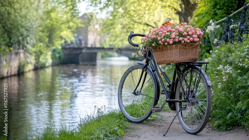 Bicycle with flower basket near serene canal on sunny day