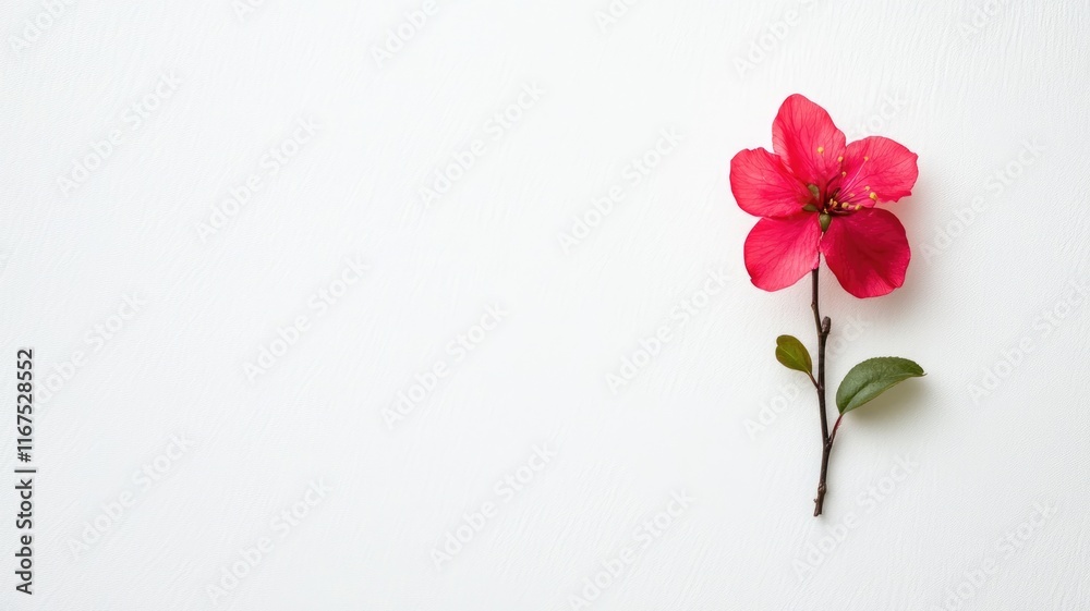 Naklejka premium Single pink flower with green leaves on white background