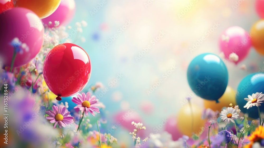 Colorful balloons and vibrant flowers in dreamy garden setting