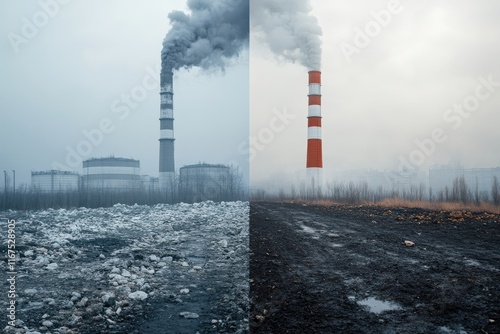 Contrast of industrial landscapes showcasing pollution and environmental degradation in autumn photo