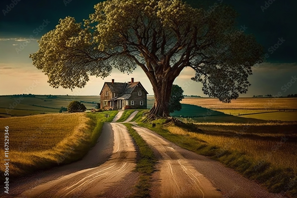 Fototapeta premium Tranquil Countryside Road with Farmhouse and Big Tree