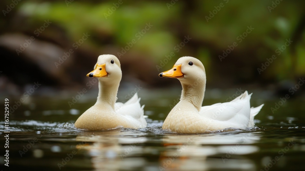 Two white ducks with orange beaks swim in serene pond, surrounded by lush greenery