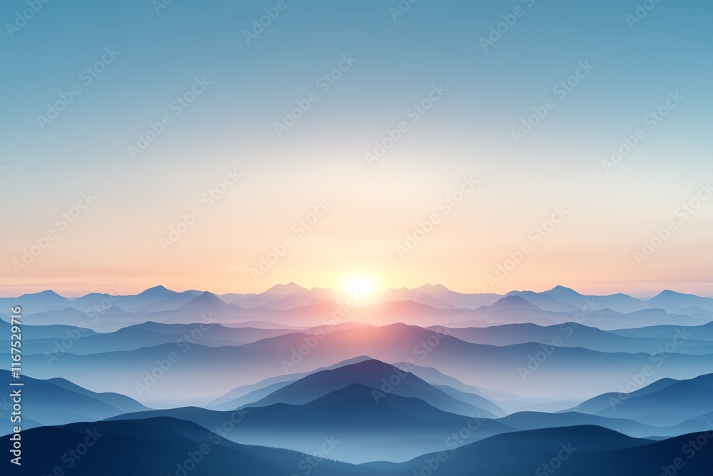 Fototapeta premium Majestic sunrise over a series of mountain ranges, showcasing a gradient of blue tones. The horizon is bathed in warm golden light, creating a serene and tranquil atmosphere.