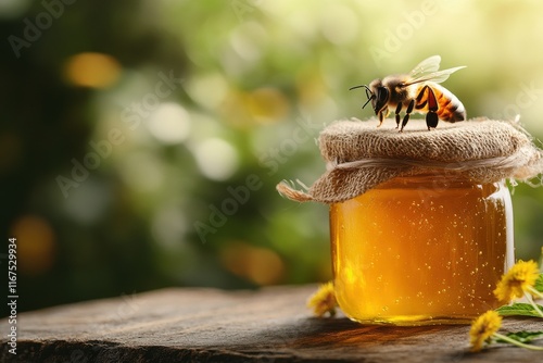 A charming bee perched on a honey jar amidst a sunlit garden in autumn's golden radiance photo