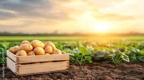 A wooden crate filled with fresh potatoes sits on fertile soil in a lush, green field under a golden sunset, highlighting the simplicity and abundance of nature's harvest.