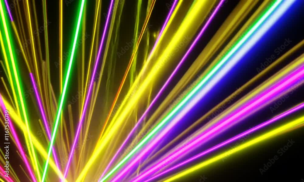 A dazzling display of colorful laser beams intersecting in a dynamic burst of energy.