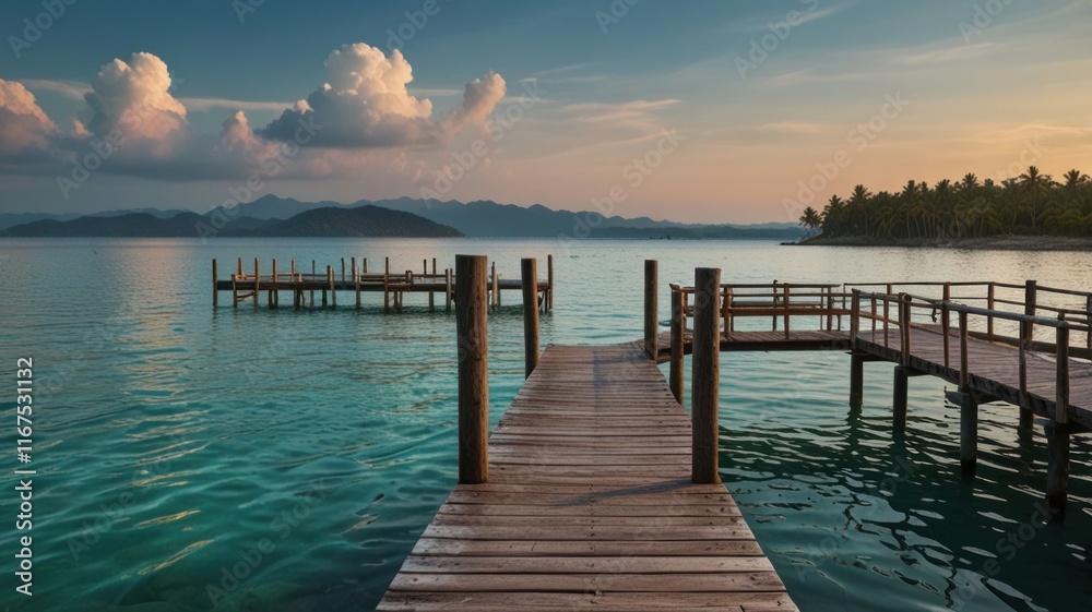 Fototapeta premium Tranquil sunset over calm ocean, wooden pier.