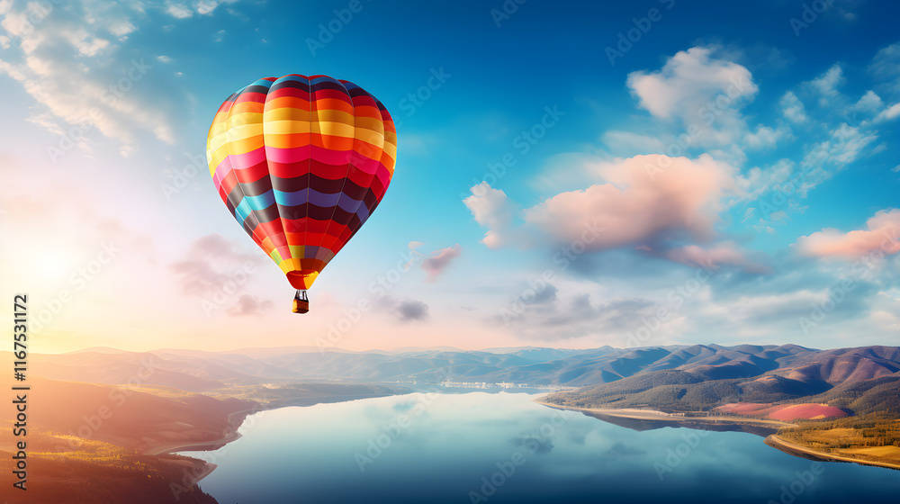 The Majestic Voyage: A Colorful Hot Air Balloon Soaring Across a Vivid Blue Sky The Majestic Voyage: A Colorful Hot Air Balloon Soaring Across a Vivid Blue Sky
