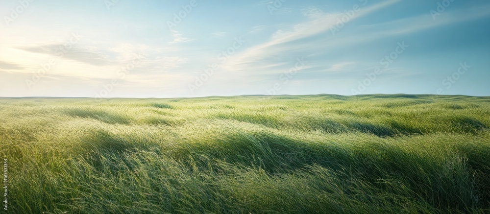 Obraz premium Expansive lush green meadow with a serene boundless horizon and a cloudless blue sky The rolling pastoral landscape evokes a sense of tranquility and peacefulness in the warm sunny day