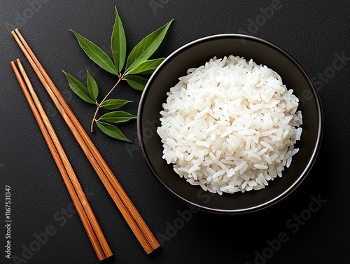 A bowl of cooked white rice elegantly presented on a black surface with wooden chopsticks and a green plant leaf for decoration. Perfect representation of Asian cuisine.