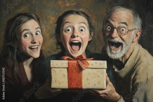Excited family reveals gift; joyful expressions.