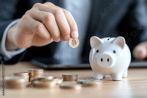 Hand placing Bitcoin into piggy bank representing cryptocurrency savings and digital investments with stacked coins on table. photo