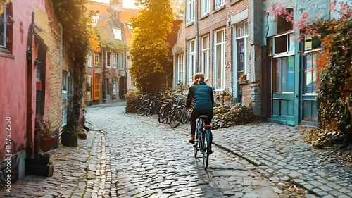 Wallpaper Mural A cyclist leisurely rides through charming cobblestone streets lined with colorful historic buildings bathed in warm sunlight. A picturesque scene that captures the essence of European urban serenity. Torontodigital.ca