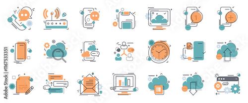 Business and marketing, programming, data management, internet connection, social network, computing, information. Thin line icons set. Flat vector illustration