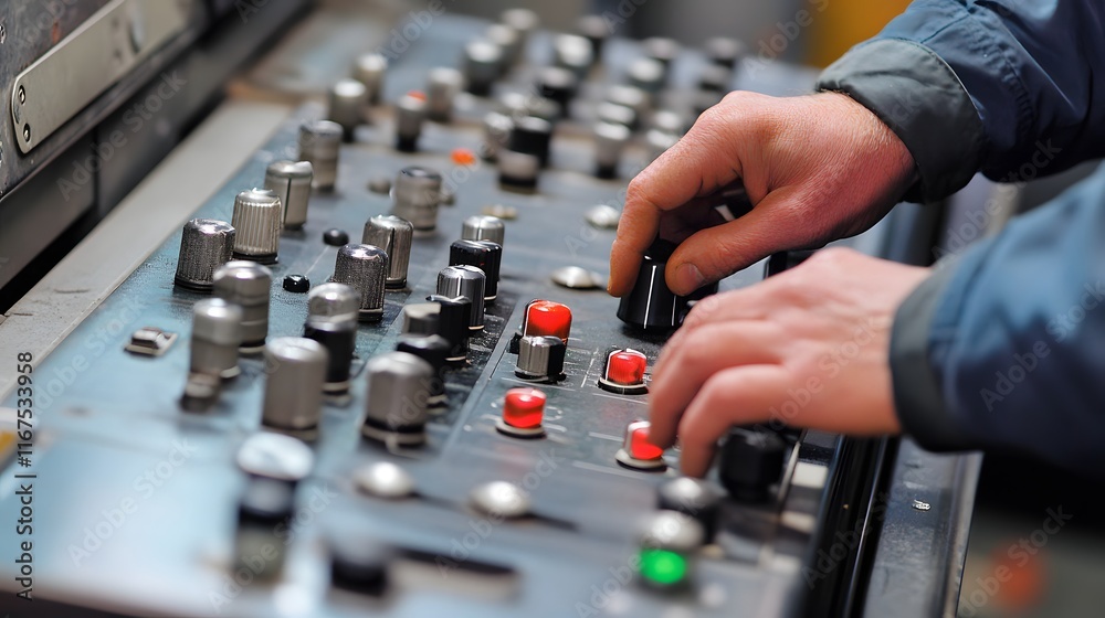 A worker operates a complex industrial control panel A worker operates a complex industrial control panel