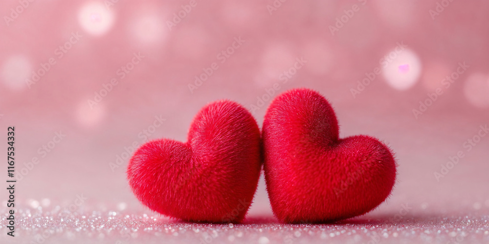 Fototapeta premium Red hearts on a pink sparkling background, symbolizing romance, affection, and love ideals.