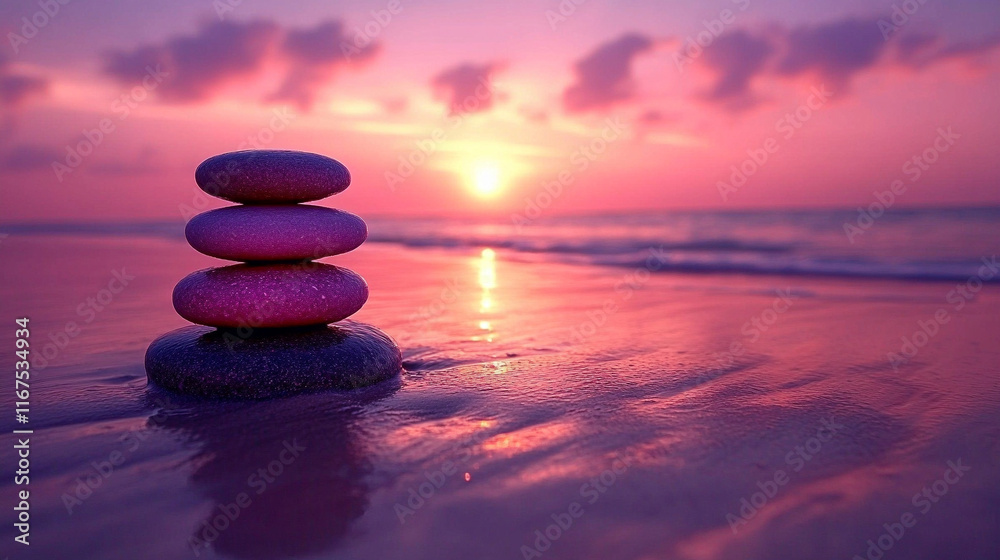 Zen stones stacked on a serene beach at sunset creating a calming ambiance representing balance and harmony amidst nature's movement conveying tranquility and spiritual mindfulness
Zen stones stacked on a serene beach at sunset creating a calming ambiance representing balance and harmony amidst nature's movement conveying tranquility and spiritual mindfulness