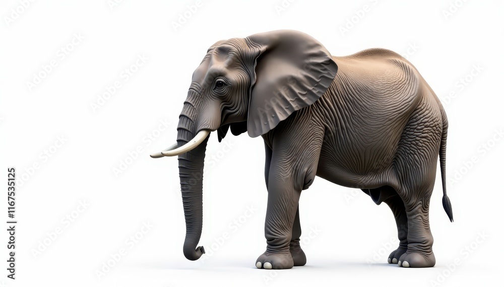 Fototapeta premium African elephant, profile view, white backdrop, picture, illustration, large
