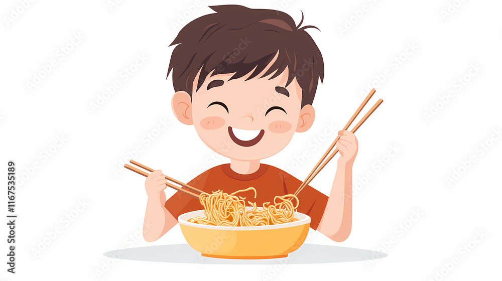 Happy boy eating noodles with chopsticks, white isolate background. Ashenwood. Illustration Happy boy eating noodles with chopsticks, white isolate background. Ashenwood. Illustration