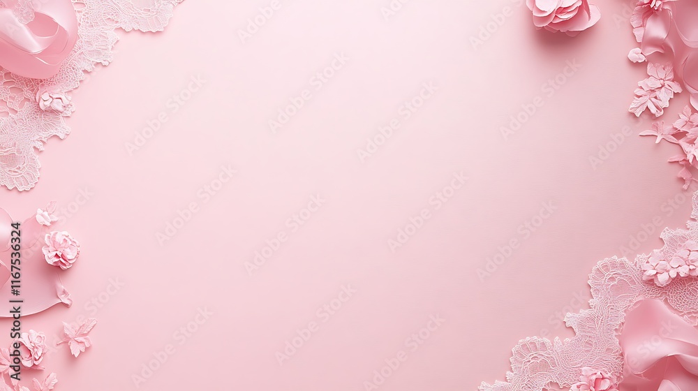 Delicate Pink Flowers and Lace Frame a Pastel Background Delicate Pink Flowers and Lace Frame a Pastel Background