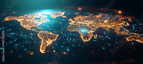 A futuristic image of a digital map with glowing nodes representing business locations around the world.