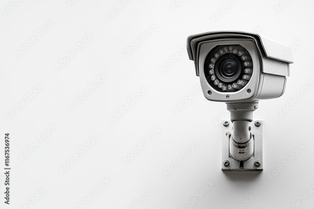A high-resolution security camera mounted on a plain white wall, ready to monitor activity A high-resolution security camera mounted on a plain white wall, ready to monitor activity