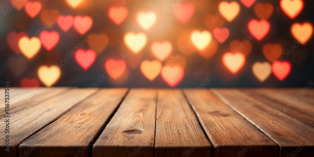 Elegant wooden surface framing a warm, blurred bokeh of glowing heart shapes, creating a romantic atmosphere. Perfect image for expressing love, celebration, and intimate occasions Elegant wooden surface framing a warm, blurred bokeh of glowing heart shapes, creating a romantic atmosphere. Perfect image for expressing love, celebration, and intimate occasions