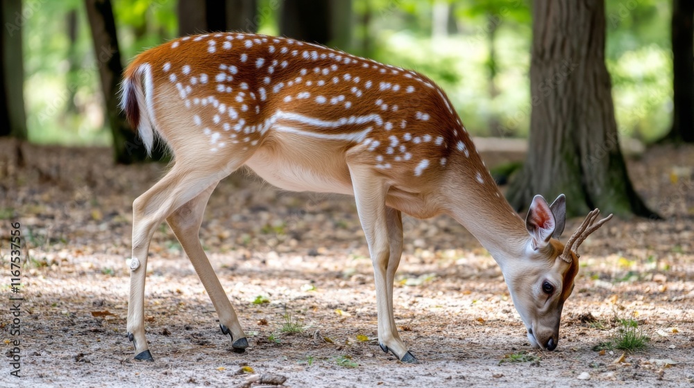 Deer Grazing in a Serene Forest Setting Deer Grazing in a Serene Forest Setting