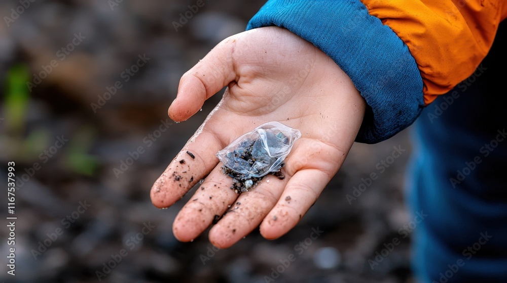 A hand holding a plastic bag with a piece of trash in it A hand holding a plastic bag with a piece of trash in it