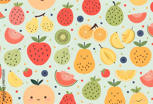 Seamless pattern with sreawberries, cherriws and hearts.