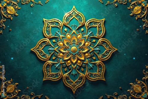 Golden mandala pattern on deep teal, luxurious Islamic background , traditional, muslim