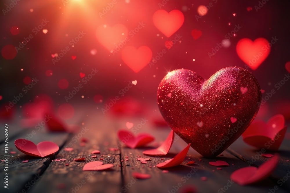 Shimmering red hearts, bokeh glow, romantic backdrop, shiny, wedding Shimmering red hearts, bokeh glow, romantic backdrop, shiny, wedding
