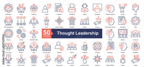 Thought Leadership Icon Collection Set.Containing performance, growth, teamwork, copywriter icon. Simple dual tone style Vector Illustration.	