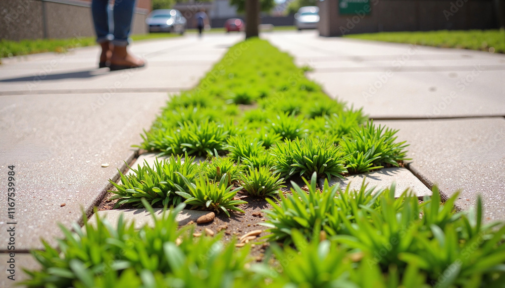Fototapeta premium Lawn grass sprouting through sidewalk cracks on sunny urban day, resilience