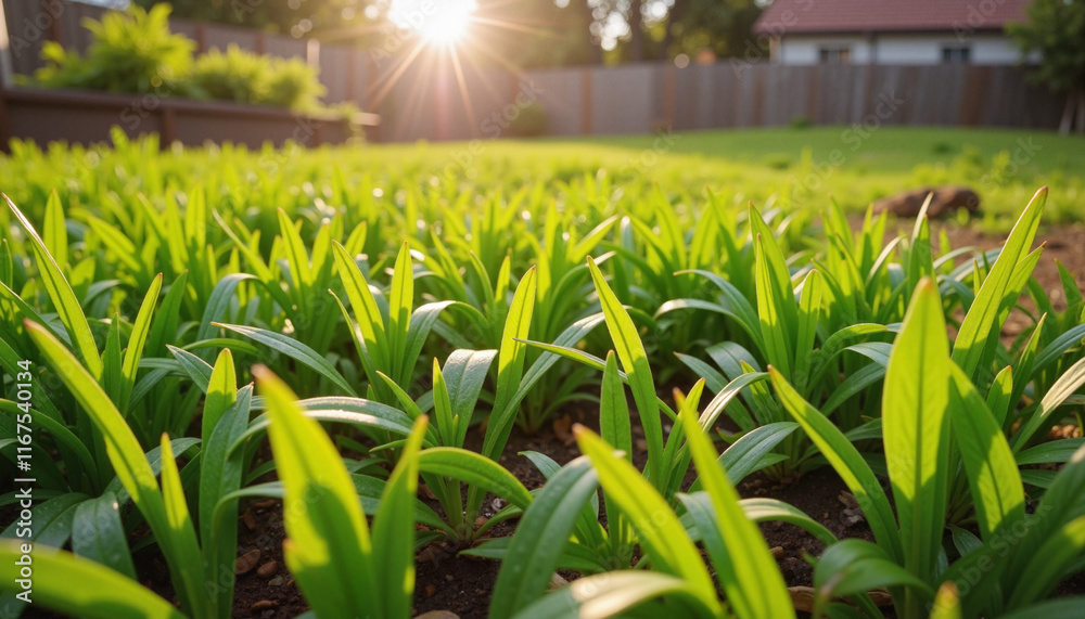Fototapeta premium Vibrant lawn grass growing in urban backyard at sunset, natural beauty