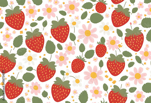 Seamless pattern with sreawberries, cherriws and hearts.