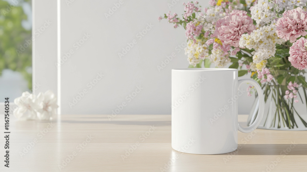 Fototapeta premium A blank white mug sits on a light wood table next to a bouquet of pink and white flowers. Perfect for your design mockups!