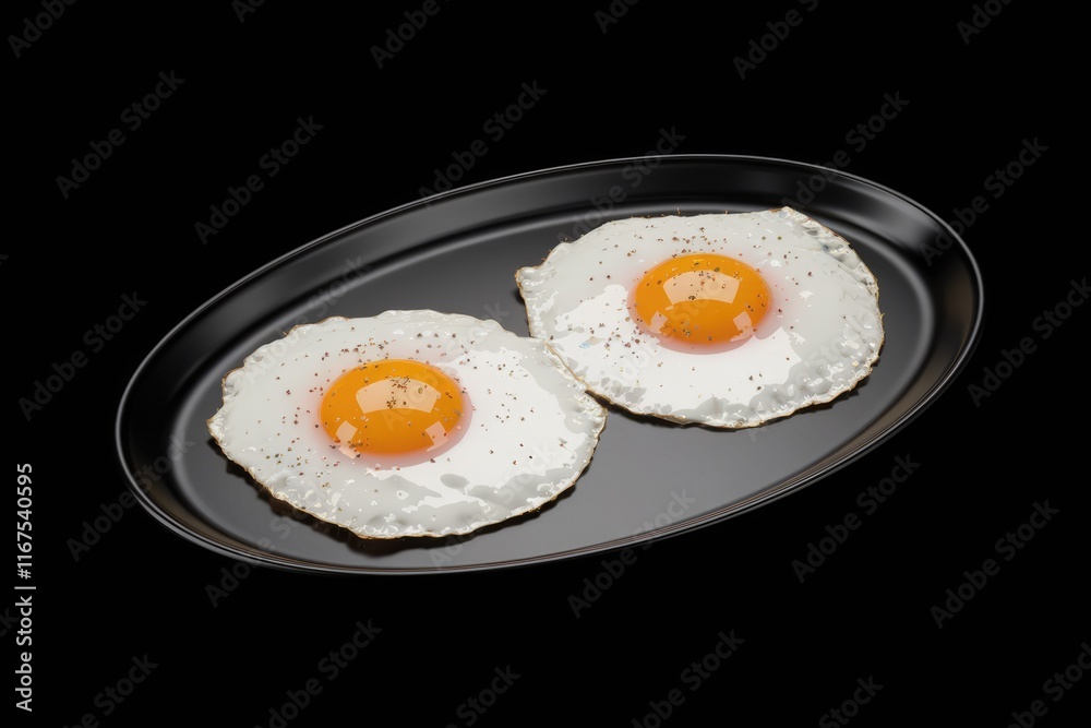 Two perfectly fried eggs with runny yolks on a black plate, seasoned with pepper. Two perfectly fried eggs with runny yolks on a black plate, seasoned with pepper.