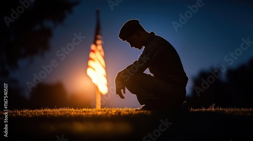 A kneeling soldier silhouetted against a softly lit American flag at dawn, symbolizes respect, remembrance, and the solemnity of Memorial Day. photo