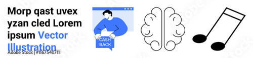 Cashback idea with person holding Cash Back sign, brain icon, and musical note icon. Ideal for marketing, education, finance, healthcare, music industry, web design, and app development. Landing page