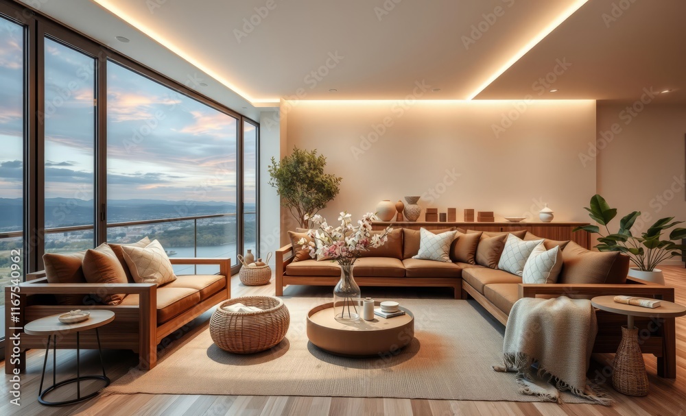 Luxurious coastal living room, panoramic ocean view, floor-to-ceiling ...