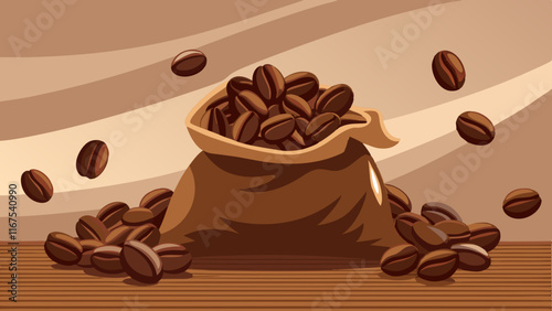 Burlap sack with roasted coffee beans spilling onto antique wooden table, background