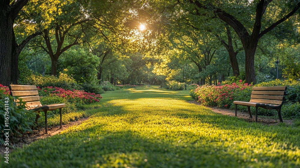 Sunlit Park Path With Benches And Flowers Sunlit Park Path With Benches And Flowers