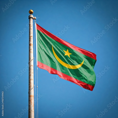 national flag of mauritania waving against blue sky, flag of the nation, blowing in the wind photo