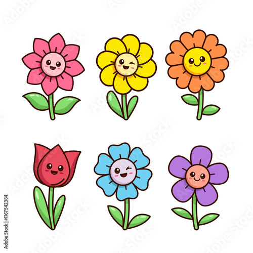 Cute simple kawaii smiling flowers characters, set of kids vector cartoon style illustrations