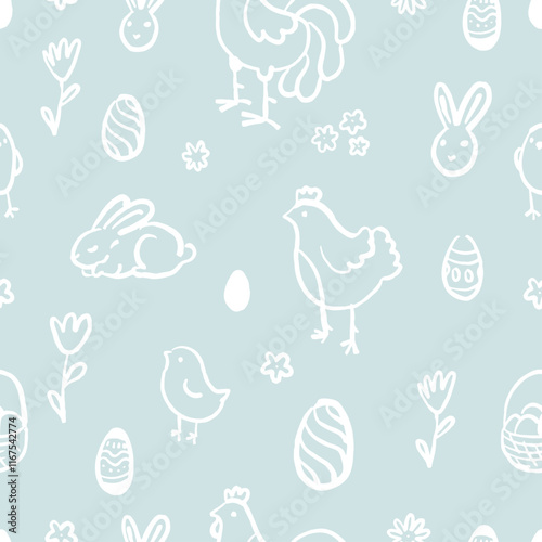 Easter Pattern with Bunnies, Eggs, and Chicks on Blue Background. Hand Drawn Easter Ornament.